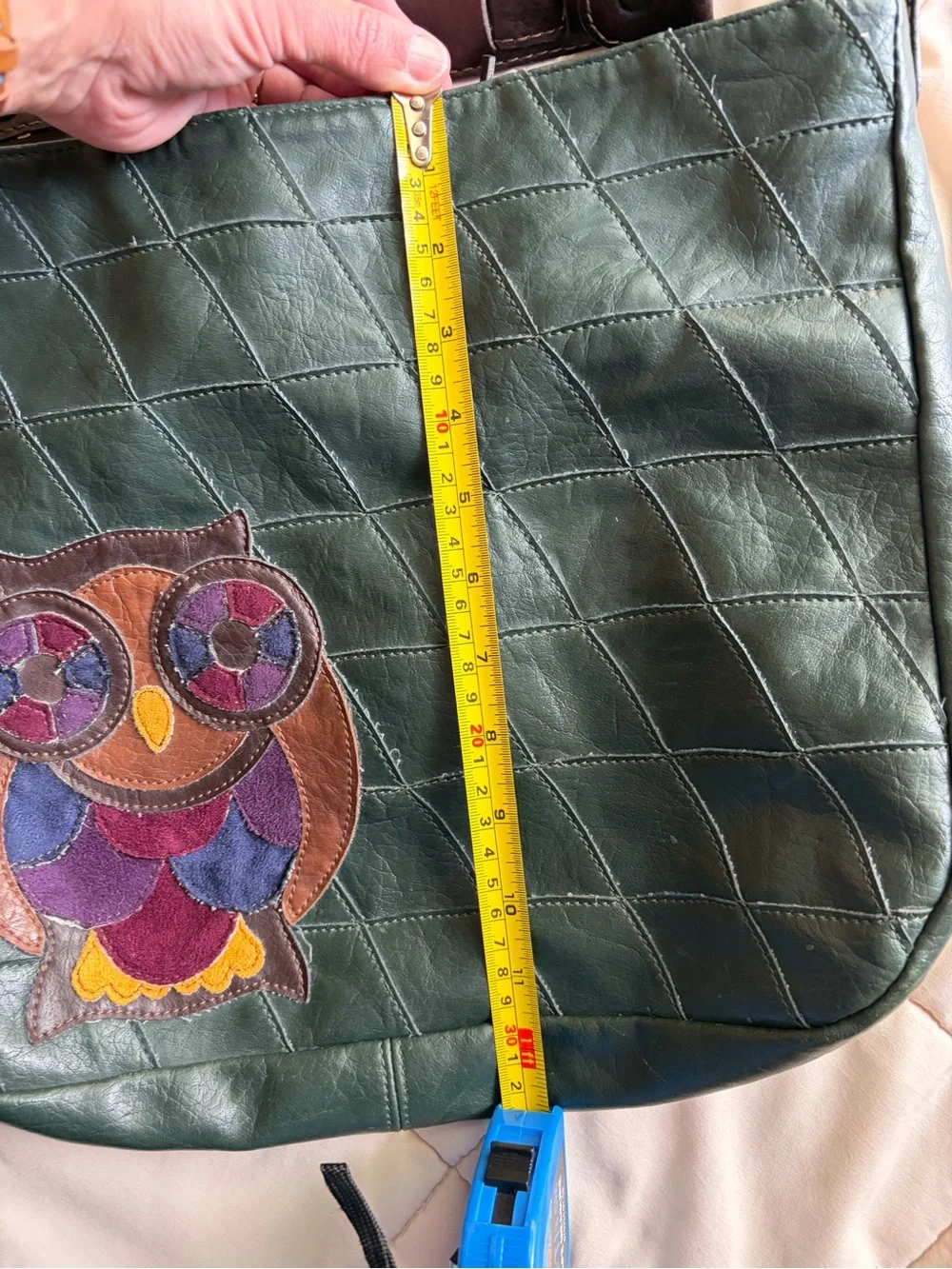 Stamp 10 Dark Green Leather Hobo Bag with Colorful Owl Appliqué